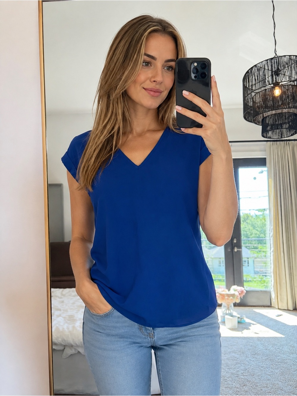 Express Royal Blue V-Neck Cap Sleeve Blouse Sm